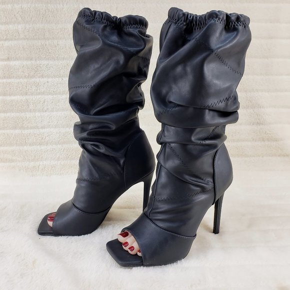 Black Square toe Scrunch Slouch Mid Calf Pull On Heeled boots Resto… - Picture 6 of 15